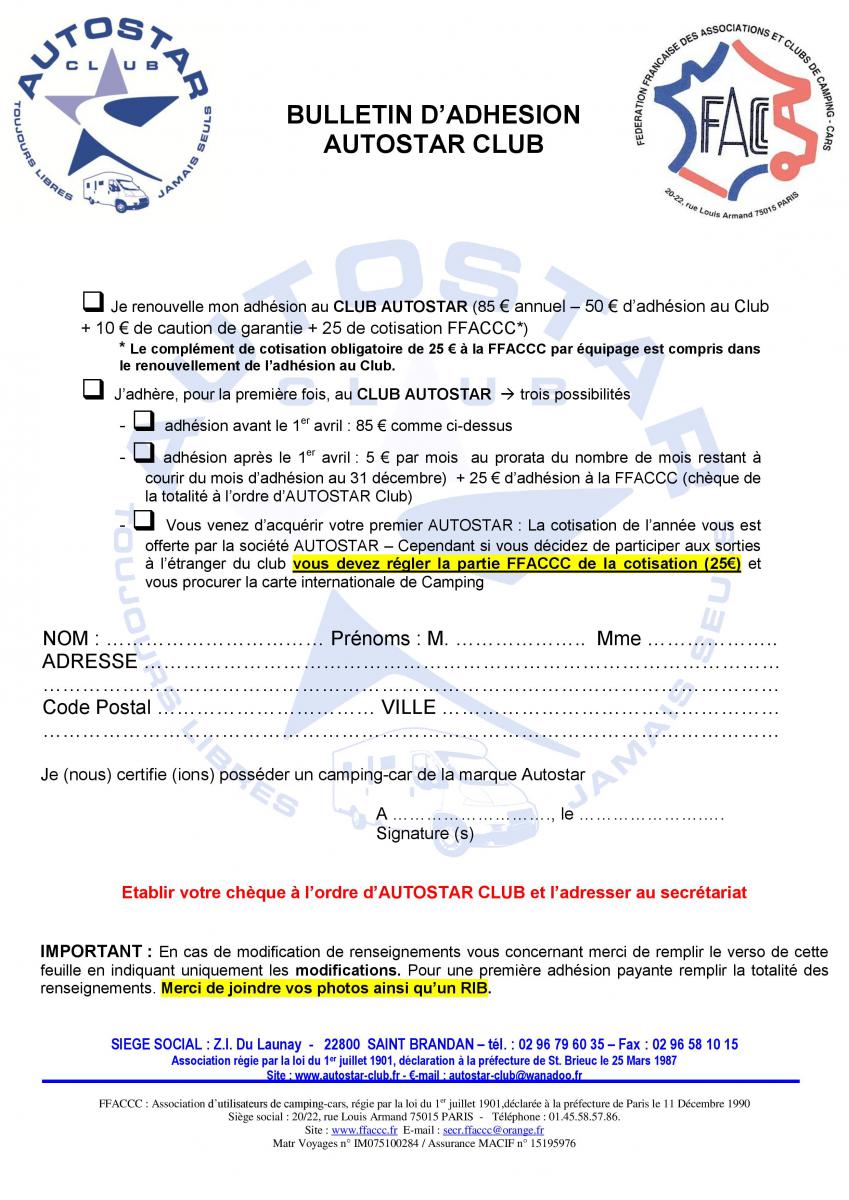 Bulletin d'adhésion Club Autostar - Page 1